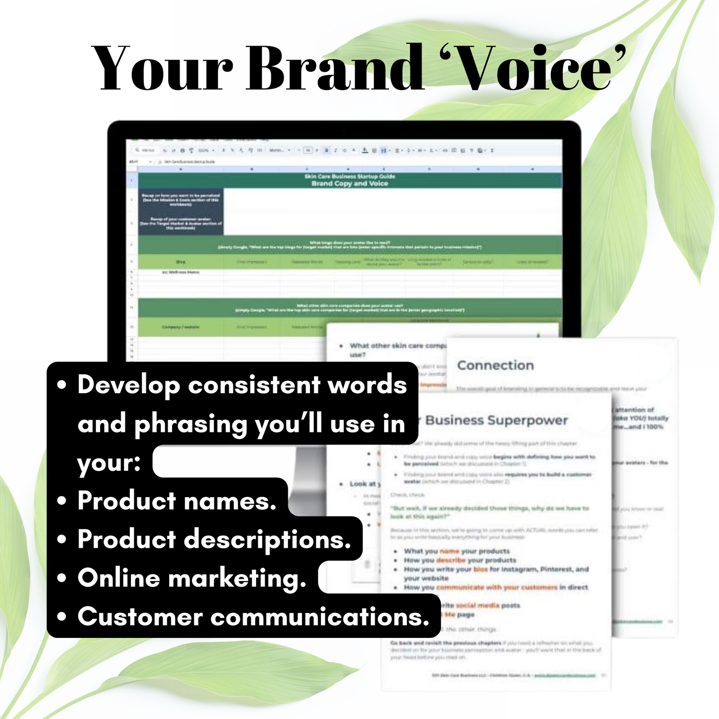 Computer screen displaying a document titled 'Your Brand Voice' with text on brand consistency.